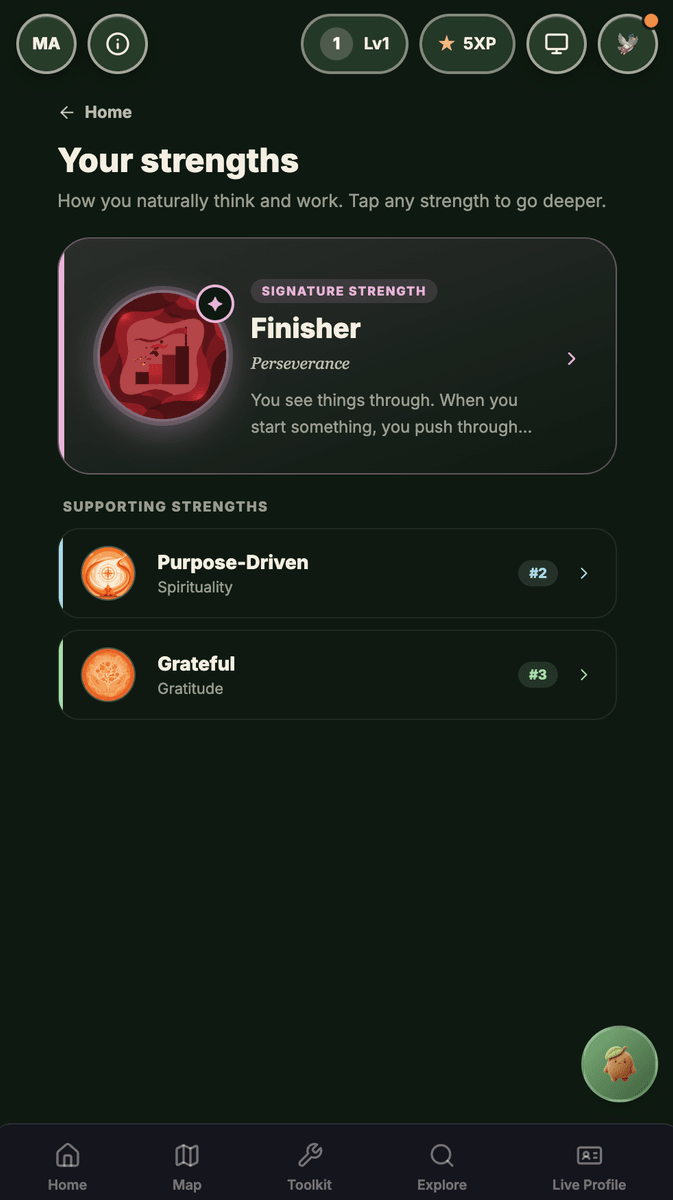 Budi strengths discovery screen.